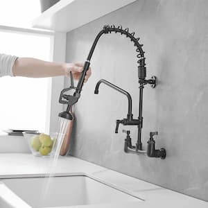 Commercial Restaurant Pull Down 2-Handle Wall Mount Pre-Rinse Spray Utility Kitchen Faucet in Matte Black