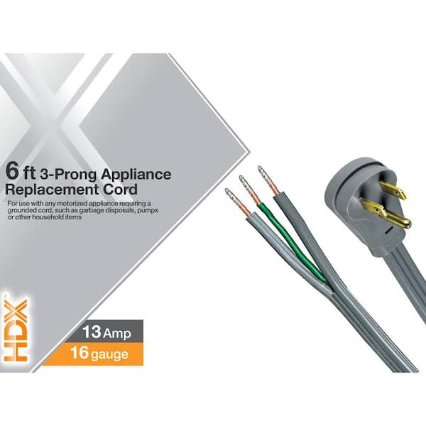 HDX 6 ft. 16/3 13 Amp 3-Prong Appliance Replacement Cord, Grey HD#588-547 -  The Home Depot