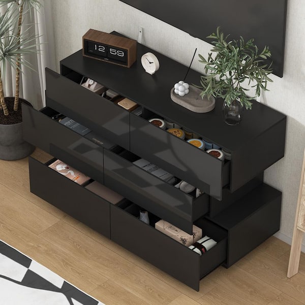 15.7 in. D x 30.7 in. H High Gloss Black Wood 6-Drawer 46.1 in. W Chest of Drawers Storage Cabinet Modern Style