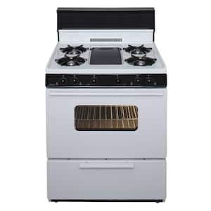 30 in. 3.91 cu. ft. Battery Spark Ignition Gas Range with 5 Burner and Griddle Package in White