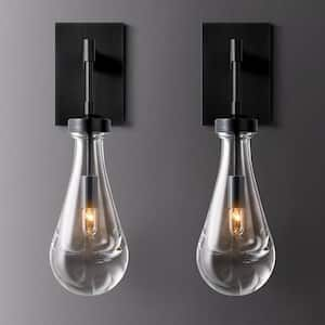 17.7 in. 1-Light Black Wall Sconce, Raindrop Wall Lighting with Hand Blown Solid Glass, Brass Base and Rod (2-Sets)