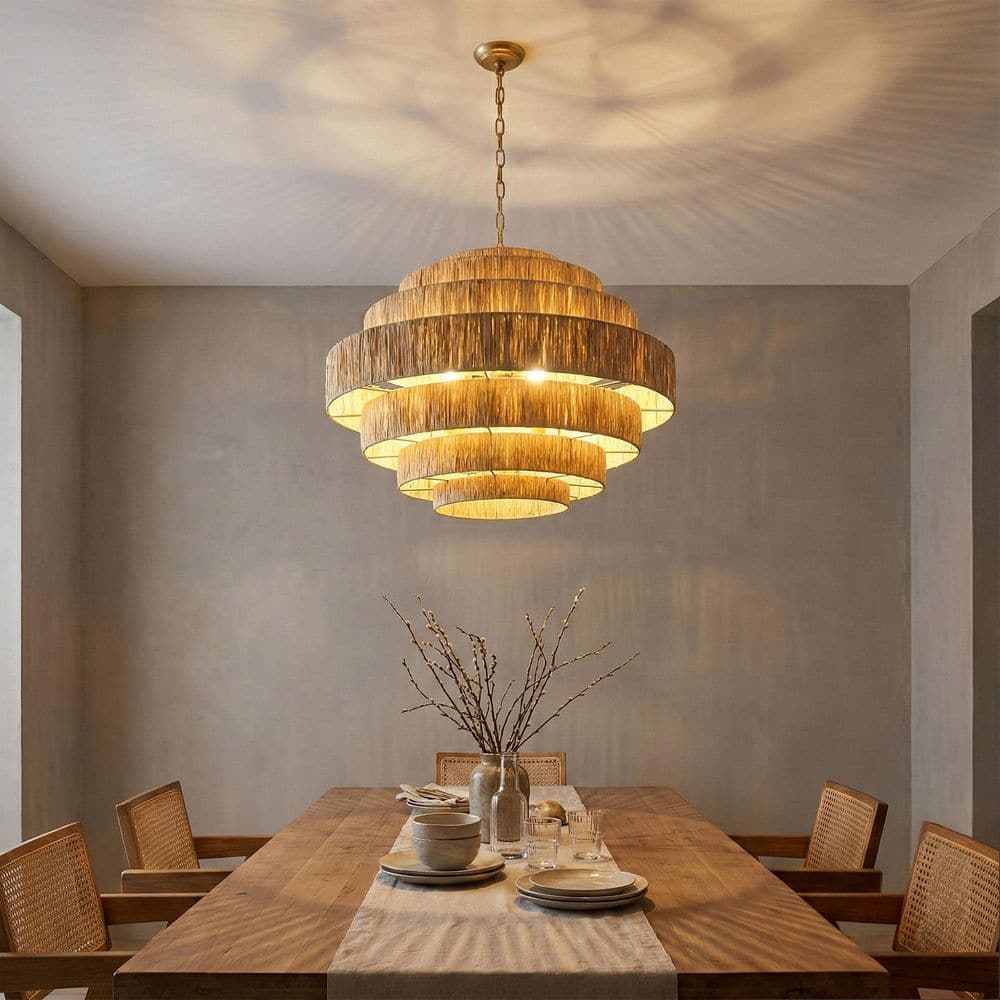 aiwen Boho 30.7 in. 5-Light 7-Tier Gold Hand-Woven Rattan Wicker Chandelier  with Large Paper Shade P-NW-3715 - The Home Depot, image size:1000x1000