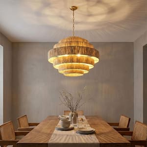 Boho 30.7 in. 5-Light 7-Tier Gold Hand-Woven Rattan Wicker Chandelier with Large Paper Shade