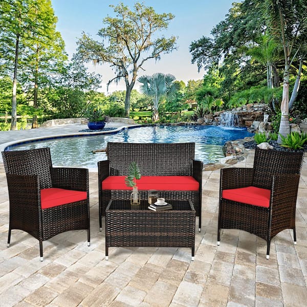 Gymax 4 Pieces Patio Wicker Rattan Conversation Furniture Set Outdoor w/Brown & Red Cushion