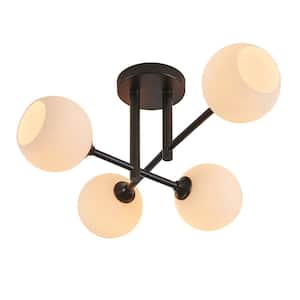 23 in. 4-Light Black Semi-Flush Mount with Frosted Opal White Ribbed Glass Shade