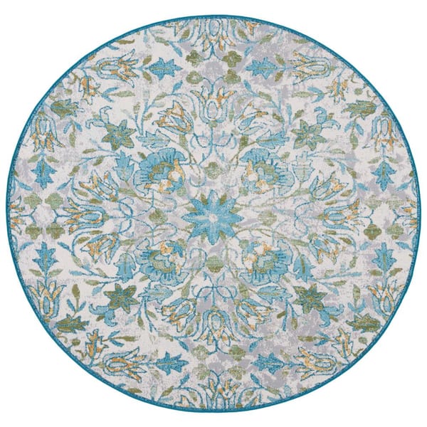 SAFAVIEH Barbados Ivory/Light Blue 7 ft. x 7 ft. Round Floral Medallion Indoor/Outdoor Area Rug