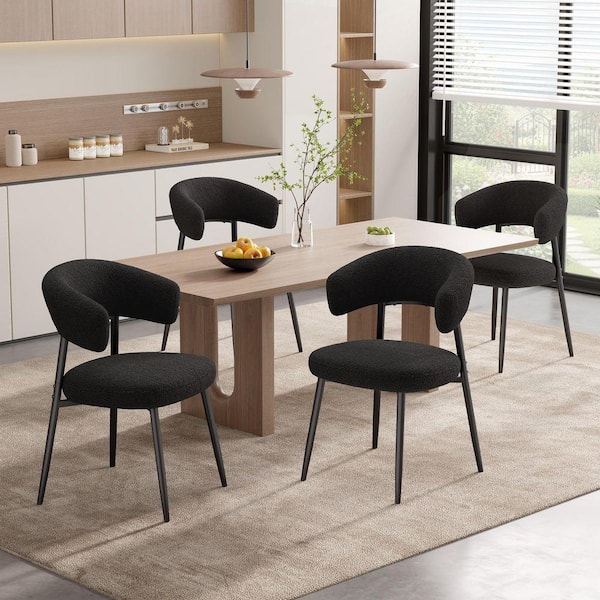 Modern Black Teddy Fabric Upholstered Dining Chair with Curved Backrest and Metal Legs Set of 4