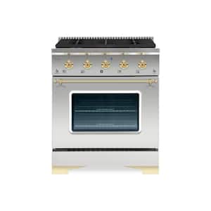 CLASSICO 30"4.2 CuFt 4 Burner Freestanding Dual Fuel Range Gas Stove and Electric Oven, Stainless steel with Brass Trim