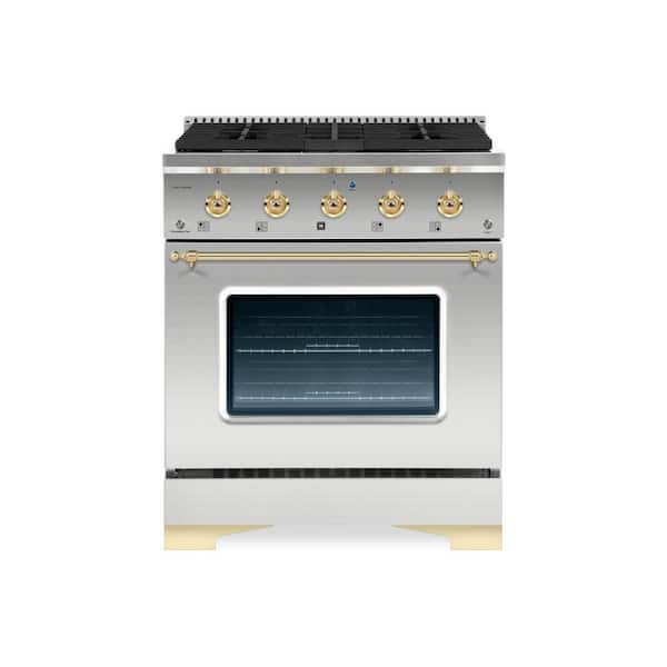 Hallman CLASSICO 30"4.2 CuFt 4 Burner Freestanding Dual Fuel Range Gas Stove and Electric Oven, Stainless steel with Brass Trim