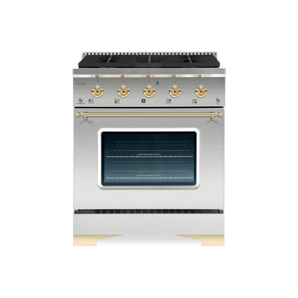 Hallman CLASSICO 30"4.2 CuFt 4 Burner Freestanding Dual Fuel Range Gas Stove and Electric Oven, Stainless steel with Brass Trim