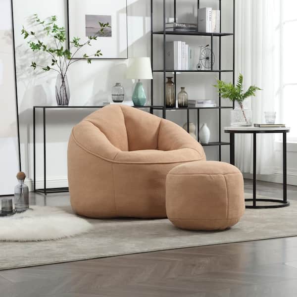 Tan Microfiber Bean Bag Chair with Ottoman, Foam Filled Lounge Seat for Bedroom, Living Room and Reading Room