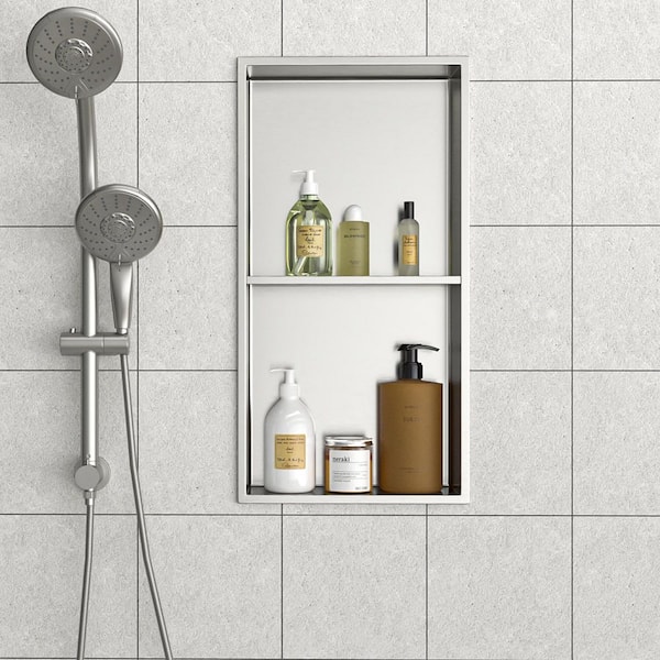 13 in. W x 25 in. H x 4 in. D Shower Niche Set of 1-Pieces in Brushed Nickel with Shelf