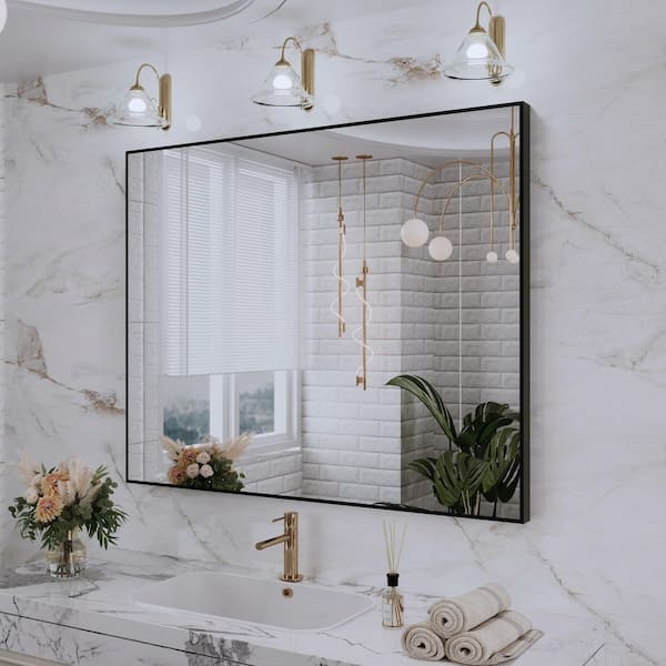 40 in. W x 32 in. H Aluminum Framed Rectangular Vanity Wall Mounted Mirror in Matte Black