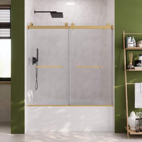 58-60 in. W x 62 in. H Double Sliding Frameless Bathtub Door with 3/8 in. (10 mm) Frosted Glass in Brushed Gold