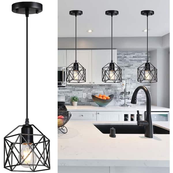 1-Light Black Farmhouse Pendant Light Fixture with Caged Metal Shade