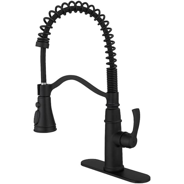 BWE Single-Handle Pull-Down Sprayer 3-Spray High Arc Pull Down Sprayer Kitchen Faucet With Deck Plate in Matte Black