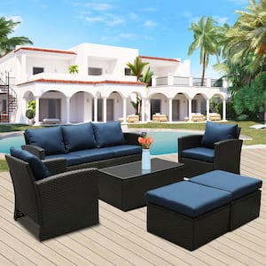 6-Piece Wicker Conversation Set with Navy Blue Cushions