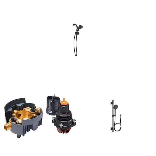 Awaken Matte Black 3-Spray Shower Head (6 in.) with Rite-Temp Valve and Pitch Valve Trim Kit (Valve Not Included)