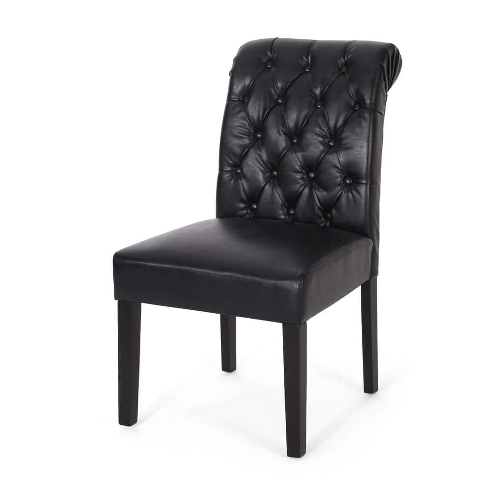 Midnight Black Faux Leather Tufted Dining Side Chairs, Set of 2