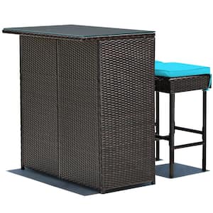 3-Piece Brown Wicker Outdoor Bar Set with Blue Cushions