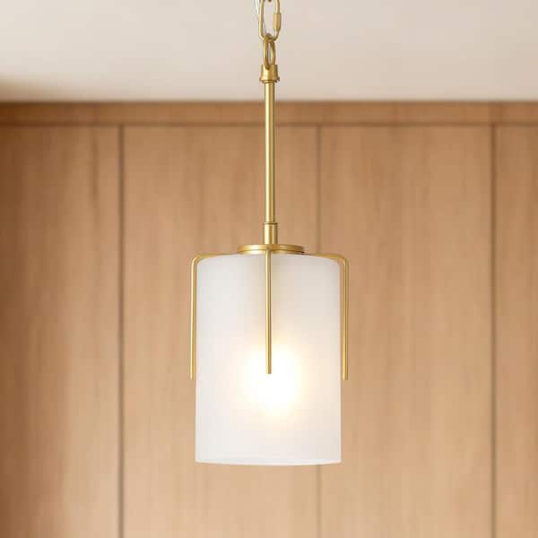 60-Watt 1 Light Modern Adjustable Cylindrical Pendant Light with Milky White Frosted Glass and Gold Metal Frame