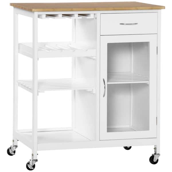 Ziyudura White Bamboo Wood Top 19 in. Kitchen Island with 4-bottle Wine Rack, Bar Cart with Stemware Holder, Drawer and Cabinet
