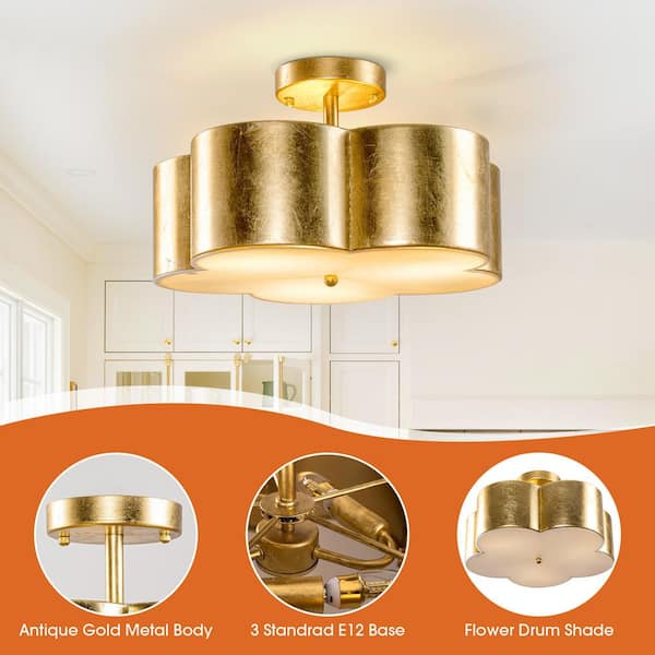 Parrot Uncle 15.35 in. 3-Light Gold Metal Flower Semi Flush Mount
