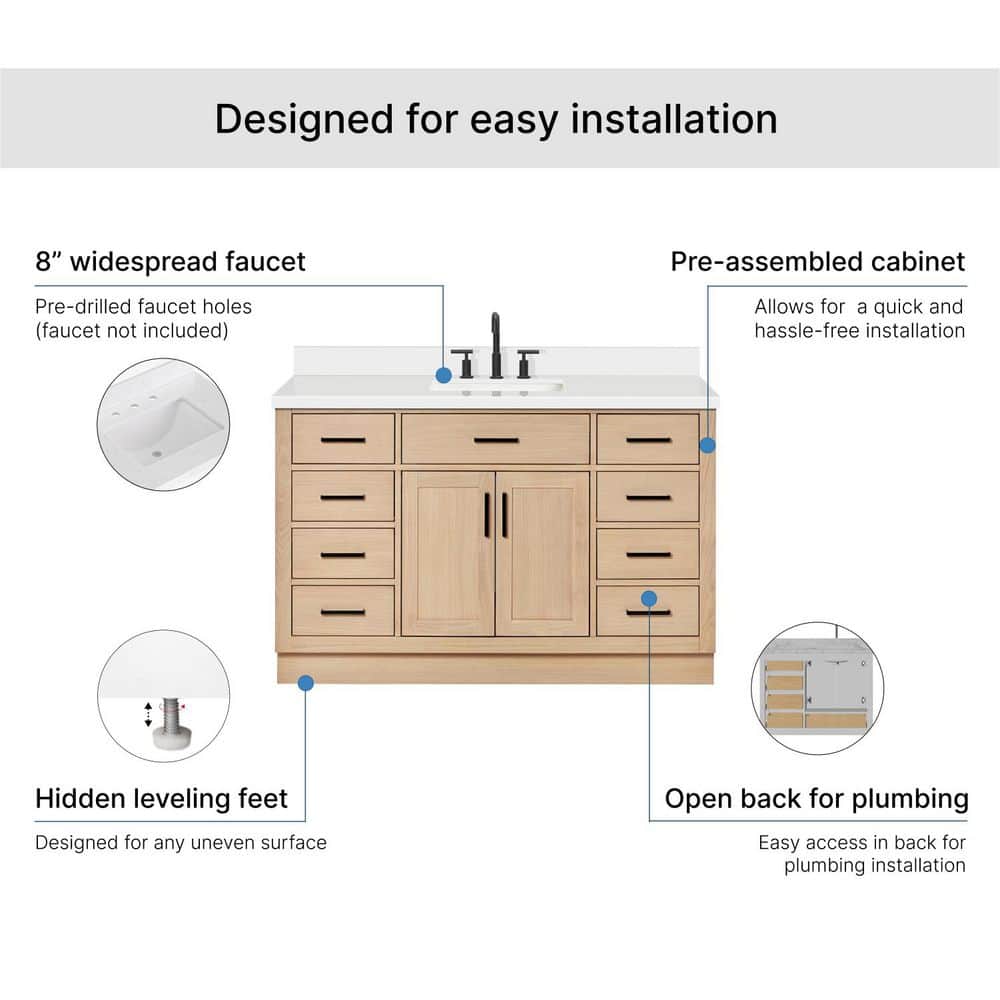 Hepburn 55" Oak Freestanding Single Sink Vanity with Quartz Top