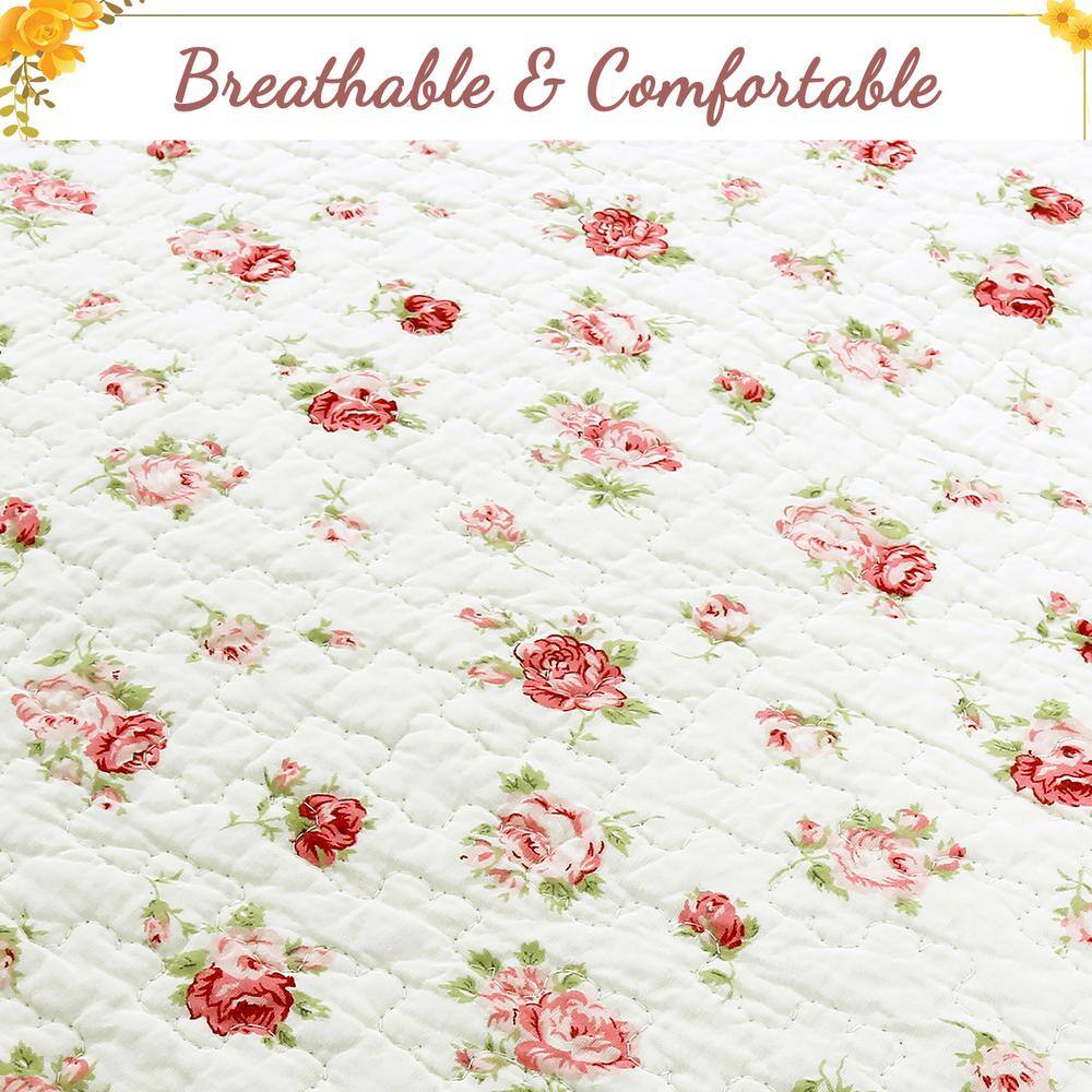 Pink Floral Cotton Queen Reversible Quilt Set with Scalloped Edges