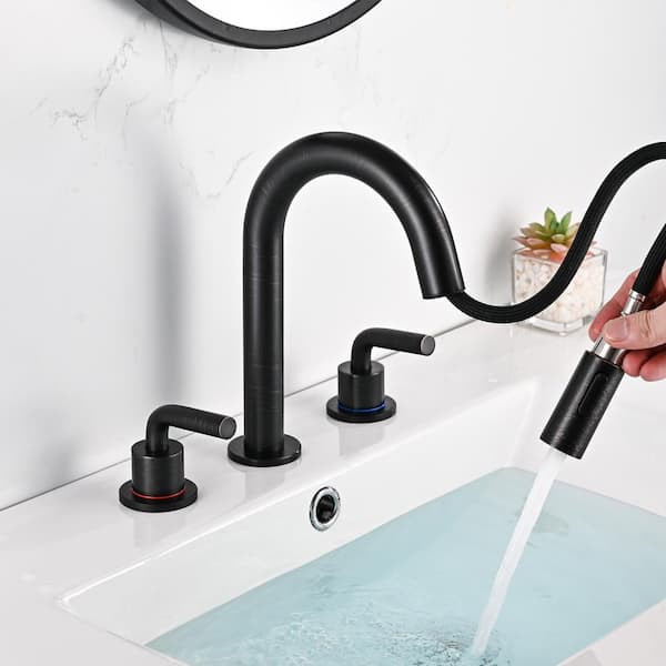 Double Handles 8 in. Widespread Bathroom Faucet 3-Hole with Pull Out Sprayer Bathroom Sink Faucet in Oil Rubbed Bronze