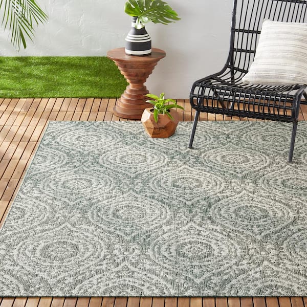 Patio Country Zoe Grey/Ivory 8 ft. x 10 ft. Moroccan Damask Indoor/Outdoor Area Rug
