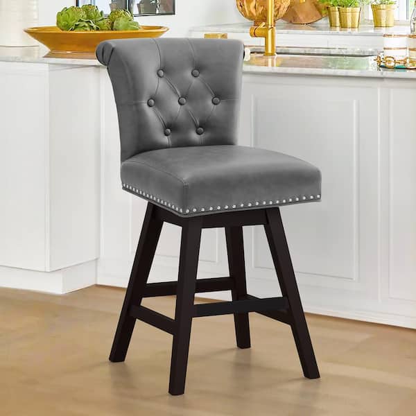 OrangeOne 360° Dark Grey Faux Leather Swivel Upholstered Barstool with Tufted Backrest Counter Height Barstool with Nailhead Trim