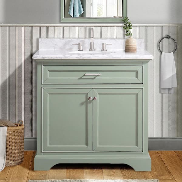 Home Decorators Collection Windlowe 37 in. Single Sink Green Bath Vanity with White Carrara Marble Top (Assembled)