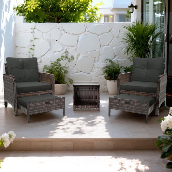 UPHA 5-Pieces Wicker Patio Furniture Set, Outdoor Chairs with Ottomans, Dark Gray Cushions