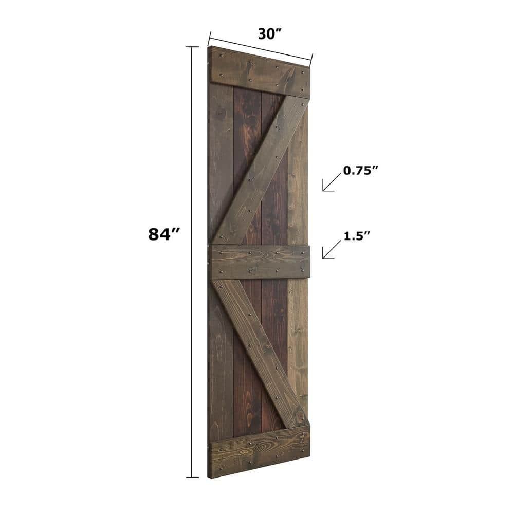 Kona Coffee Smoky Grey Pine Wood Sliding Barn Door with Steel Hardware Kit