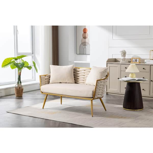 HOMEFUN Modern Upholstered Beige Velvet Tufted Loveseat with Metal Legs