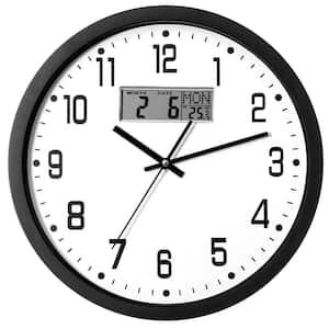 14 in. Black Wall Clock, Non-Ticking Analog and Digital Temperature Battery Silent Operation, Switchable Time and Date