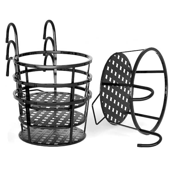 8.7 in. Dia Black Round Hanging Railing Planters Wrought Steel Flower Pot Holder Plant Stand Basket (4-Pack)