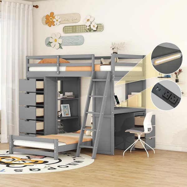 Harper & Bright Designs Gray Twin Over Twin Wood Bunk Bed with 3-Layer ...