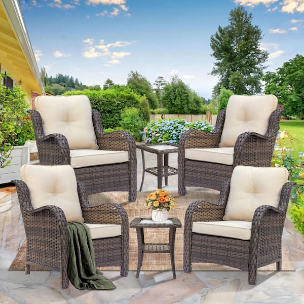 Brown 6-Piece Wicker Patio Conversation Set with 4 Armrest Chairs and 2 Side Table Beige Cushions