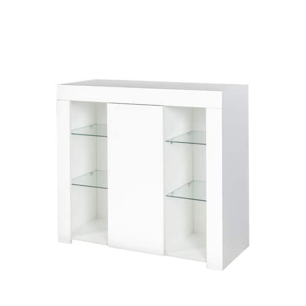 Tileon Wood High Gloss Kitchen Cupboard Sideboard with LED Light and Glass Shelves in White