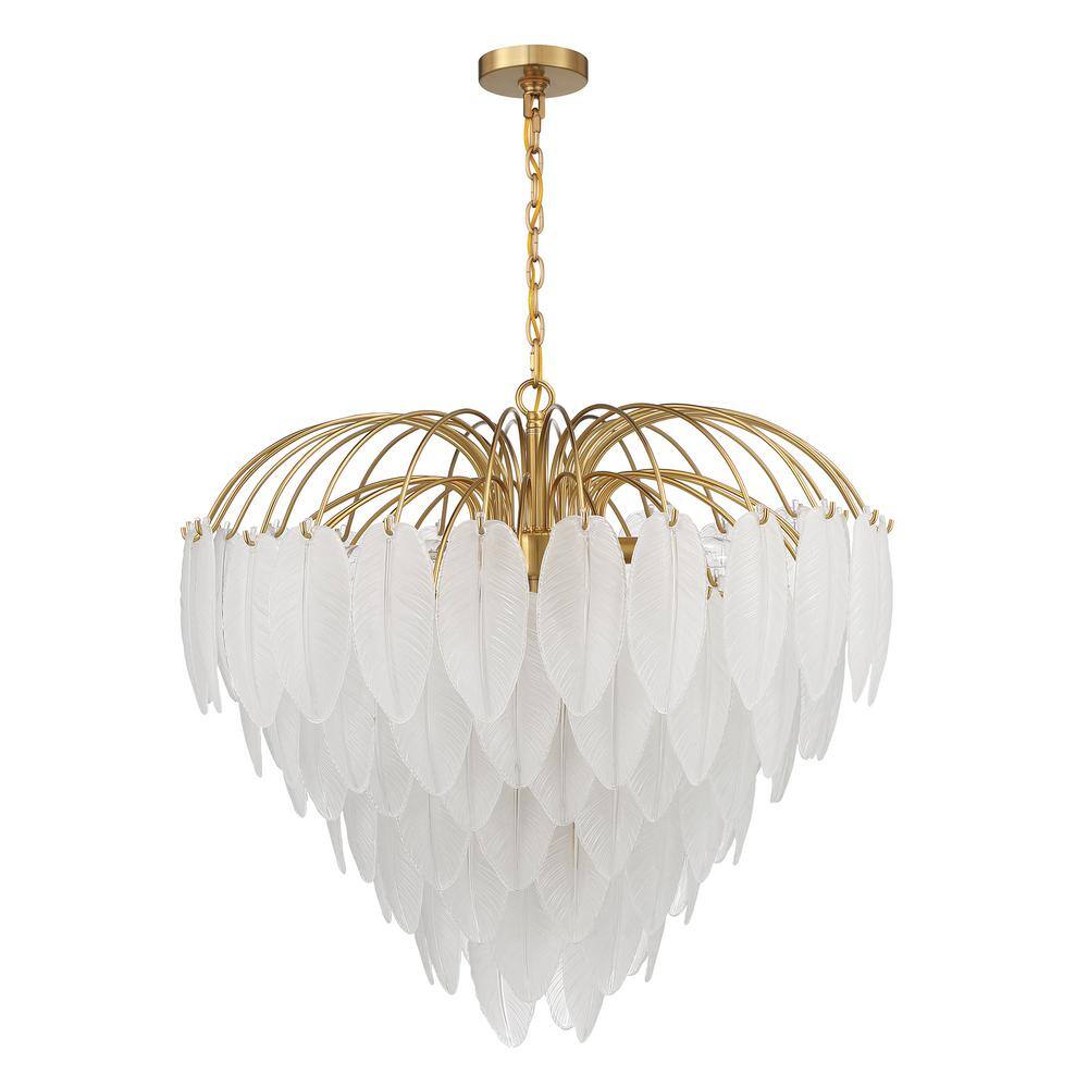Luxurious Warm Brass 9-Light Chandelier with Frosted Glass Feathers