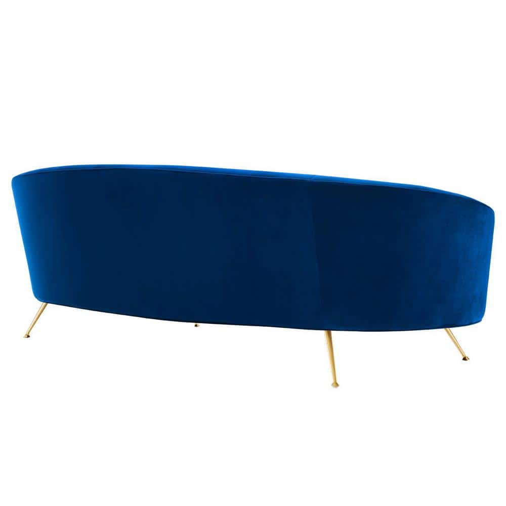 Navy Velvet Curved Sofa with Gold Legs and Sloped Arms