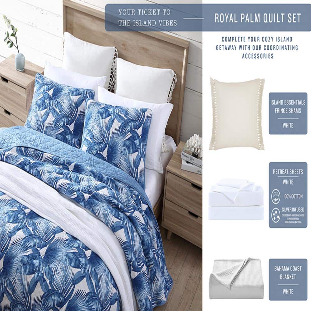 King Size Blue Cotton Reversible Quilt Set with Shams
