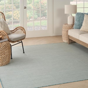 Courtyard Ivory/Aqua 8 ft. x 8 ft. Solid Geometric Contemporary Square Indoor/Outdoor Area Rug