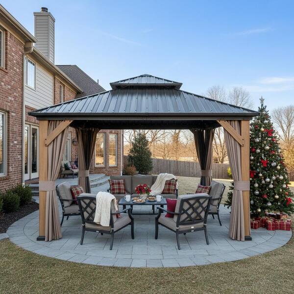 Cedarshield 12 ft. x 12 ft. Brown Wood Frame Hardtop Gazebo with Galvanized Steel Double Roof, Curtains and Netting