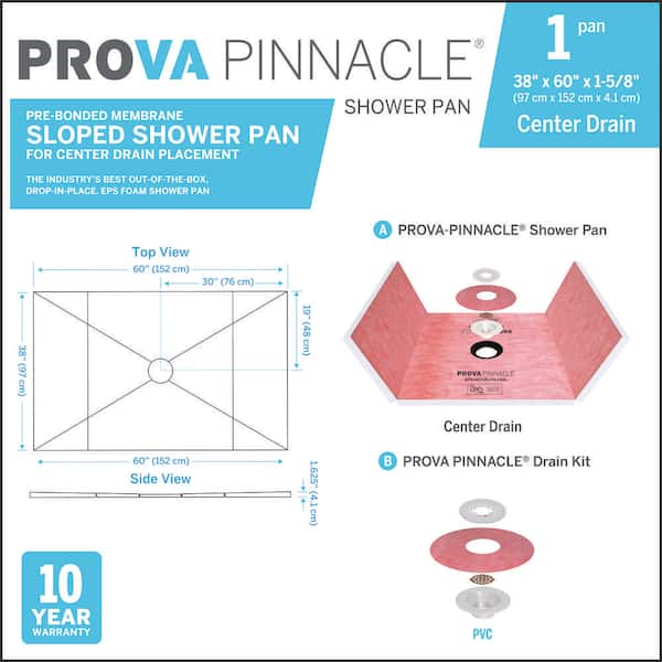 38 in. W x 60 in. L Shower Kit Prova Pinnacle Shower Pan Center Drain