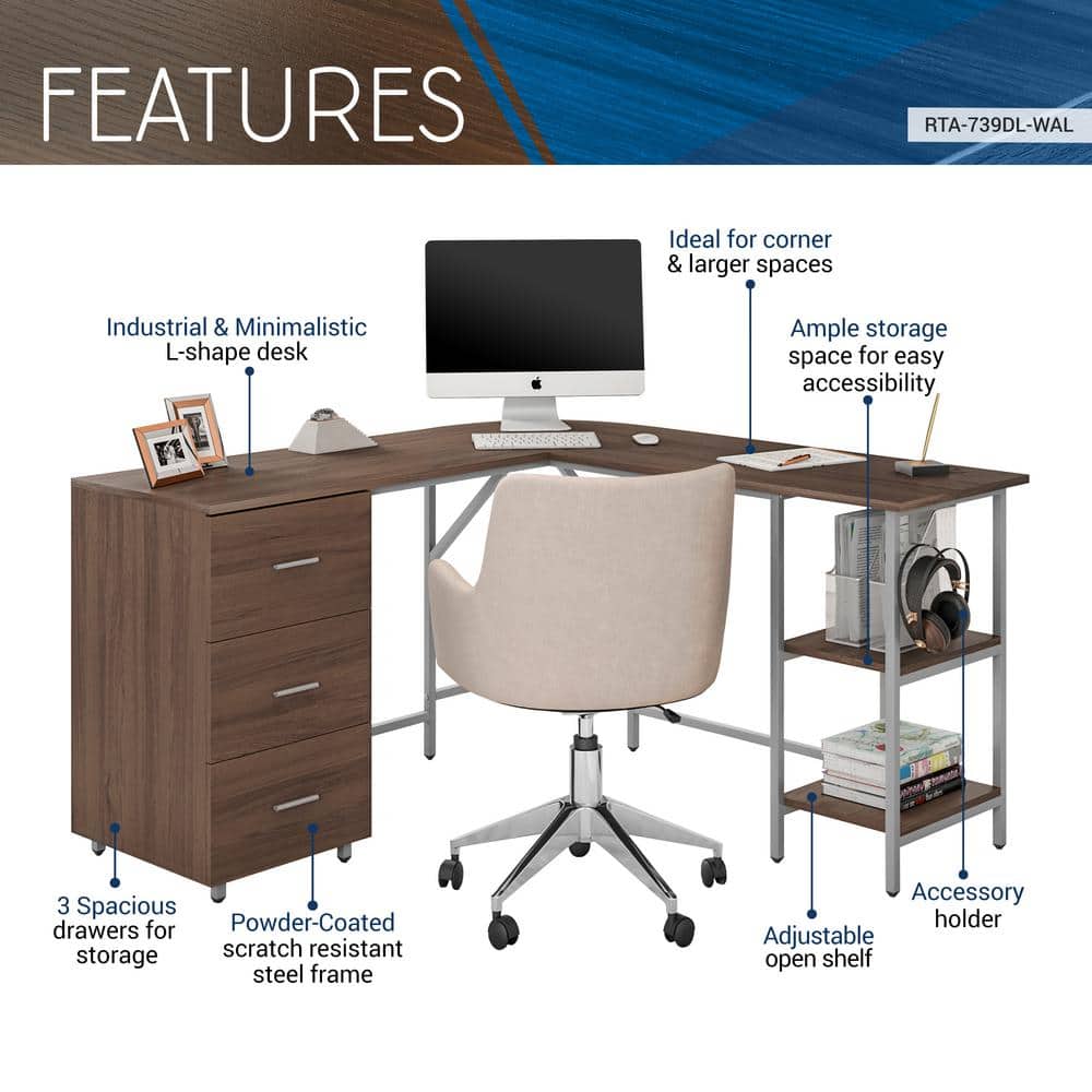 Rustic Walnut Wood Corner Gaming Desk with Drawer Storage