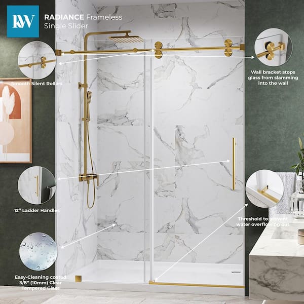 Kobiworks Radiance 72 in. W x 76 in. H Single Sliding Frameless Shower Door in Brushed Gold Towel Bar with 3/8 in. Clear Glass