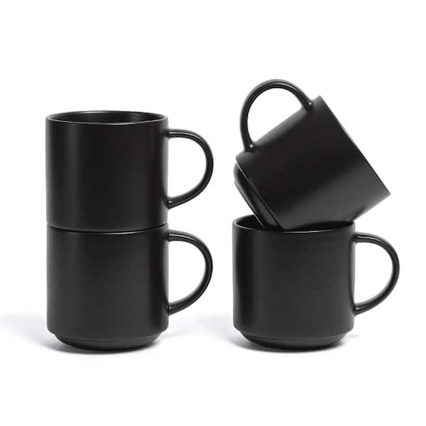 Stackable 14 oz. Semi-Matte Black Hand-Finished Stoneware Mugs, (Set of 4)
